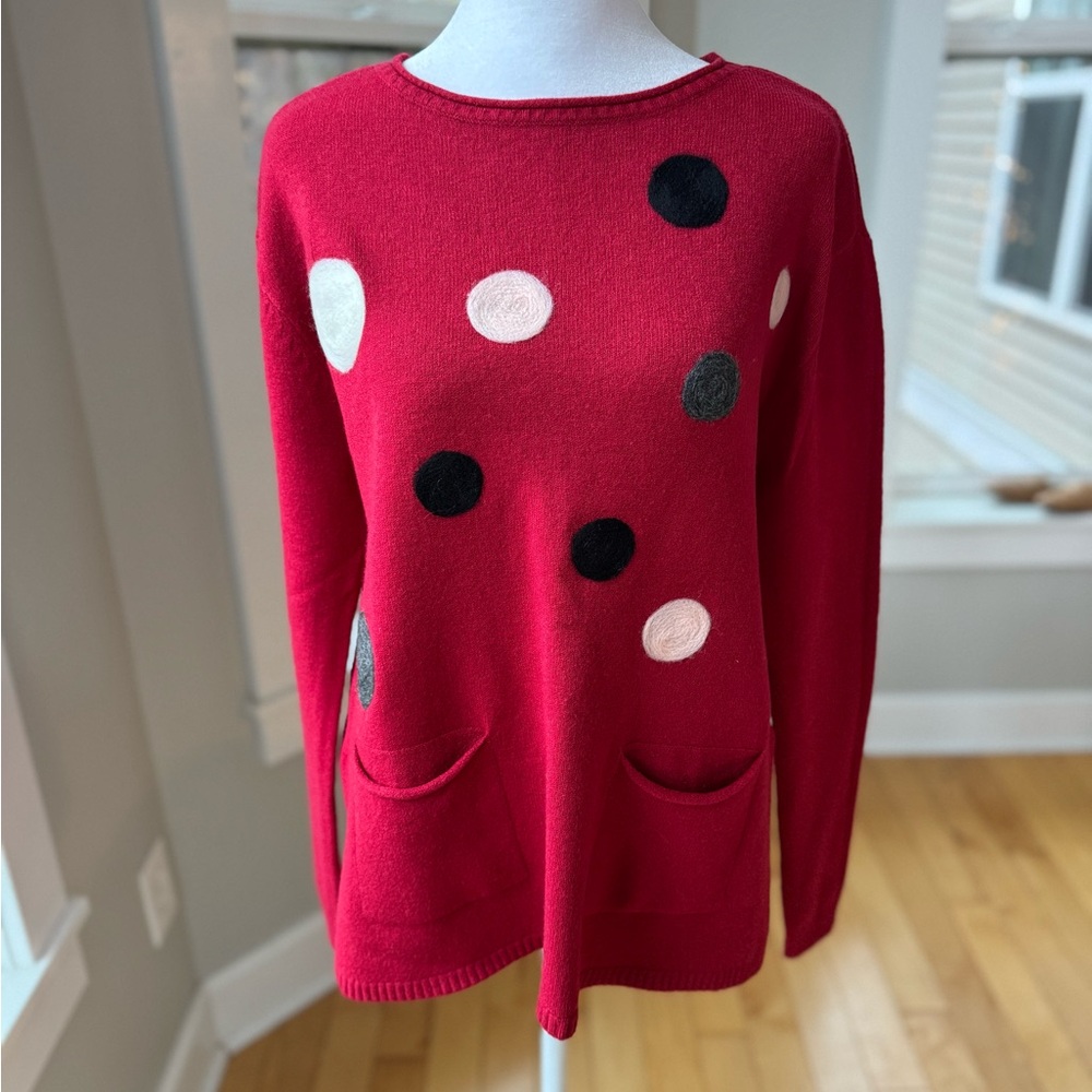 Charlie Red Wool Felted Polka Dot Detail Crewneck Sweater Size Small NWOT